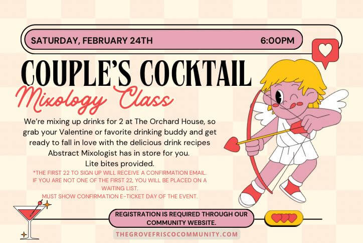 Couples cocktail class flyer resident event at The Grove Frisco community